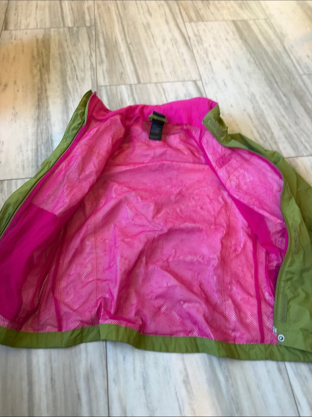 The North Face Olive Green Raincoat with Pink Lining